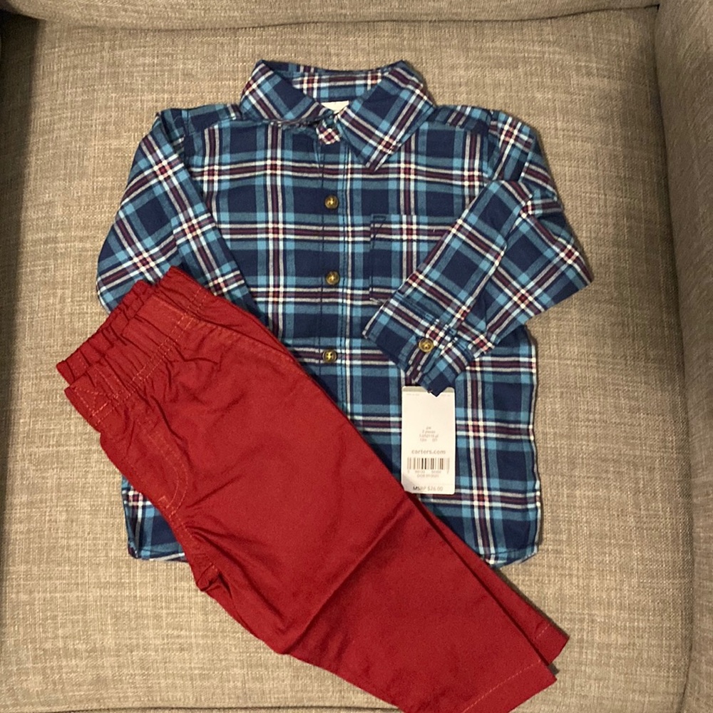 Brand new with tags 2-piece boys 9 month blue/maroon top and pants